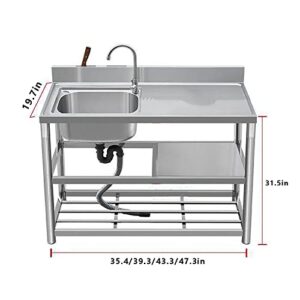 ORNBDDM Commercial Stainless Steel Sink，Stainless Steel Utility Sink,Single Bowl Commercial Kitchen Sink w/Workbench, Utility Kitchen Sinks W/Faucet/Drain Kit 90 * 50 * 80cm/35.4 * 19.7 * 31.5in A