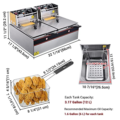 WeChef 24L Commercial Deep Fryer with Dual Tank Baskets&Lids 5000W Stainless Steel Electric Countertop Fryer for Restaurant Food Truck