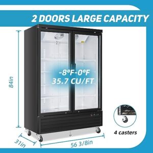 BLUELINETECH Commercial Display Freezer 35 Cu.ft, Double Swing Glass Door Reach in Fridge with 8 Shelves LED Lightning, 56.4" W, -8℉-0℉