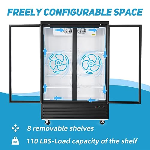 BLUELINETECH Commercial Display Freezer 35 Cu.ft, Double Swing Glass Door Reach in Fridge with 8 Shelves LED Lightning, 56.4" W, -8℉-0℉