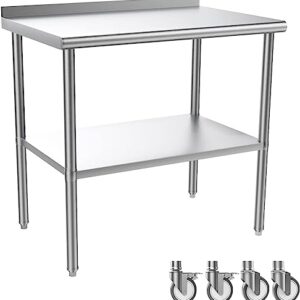 ROVSUN 36' x 24'' Stainless Steel Table for Prep & Work,Commercial Worktables & Workstations,Heavy Duty Metal Table with Wheels & Backsplash for Kitchen, Restaurant,Home