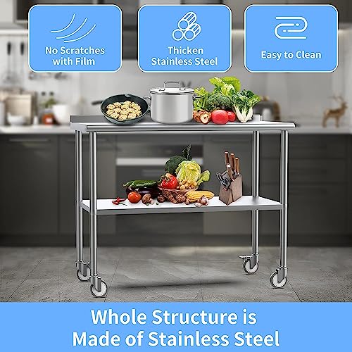 ROVSUN 36' x 24'' Stainless Steel Table for Prep & Work,Commercial Worktables & Workstations,Heavy Duty Metal Table with Wheels & Backsplash for Kitchen, Restaurant,Home