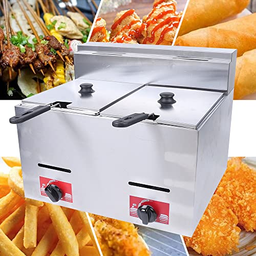 Commercial Deep Fryer, Stainless Steel Gas Deep Fryer Countertop with 10L 2 Baskets and Lid Gas Deep Fryer Propane LPG Deep Fryer