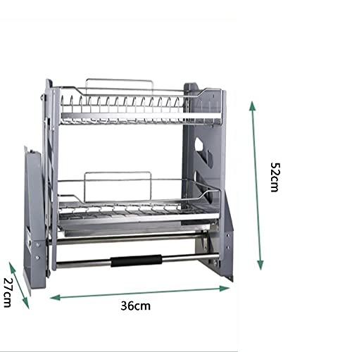 Pull-Down Dish Rack System and Spice Rack - 2 Tier Upper Cabinet Pull-Out Organizer for Cabinets ≥58cm, Durable Stainless Steel - 36x27x52cm