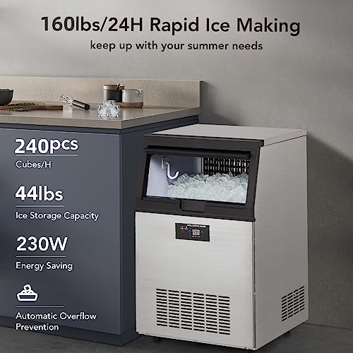 GARVEE Commercial Ice Maker, Creates160 LBS in 24H, Commercial Ice Machine with 44 LBS Ice Storage Capacity, Ice Maker Machine with Auto Self-Cleaning, Each Tray Can Make 60 Pieces of Ice.