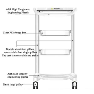 RDBSMGX ABS Beauty Trolley 3-Layer Adjustable Height Storage Shelf Rolling Trolley Placing Instruments + Storage Function Double Aluminium Alloy Pillars 0.8cm High Non-Slip Fence