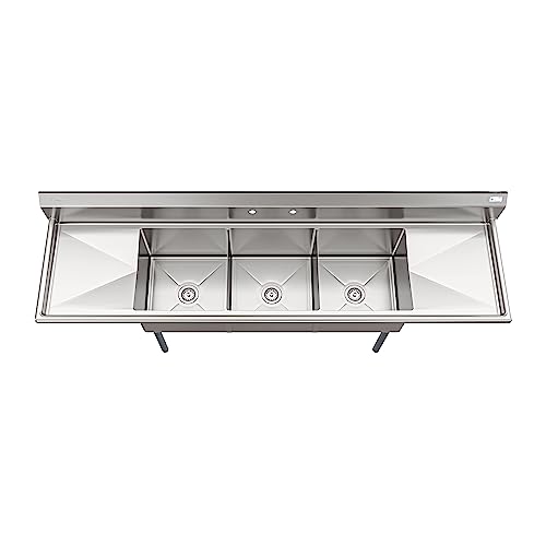 KoolMore 90 in. Three Compartment 18-Gauge Stainless-Steel Commercial Kitchen Sink, Bowl Size 18x18x14, with Three Basins and Pre-Drilled Faucet Holes and Two Drainboards (KM-SC181814-18B3)