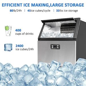Clarfey 80LBS/24H Commercial Ice Maker with 33LBS Storage Bin Stainless Steel Automatic Operation Under Counter Ice Machine