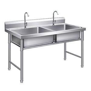 Commercial Stainless Steel Sink with 2 Compartments,Large Double Bowl Sink,Kitchen Sink Industrial Sink,with 2 Faucet,for Garage, Restaurant, Kitchen(47.2 * 23.6 * 31.5in)