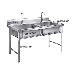 Commercial Stainless Steel Sink with 2 Compartments,Large Double Bowl Sink,Kitchen Sink Industrial Sink,with 2 Faucet,for Garage, Restaurant, Kitchen(47.2 * 23.6 * 31.5in)
