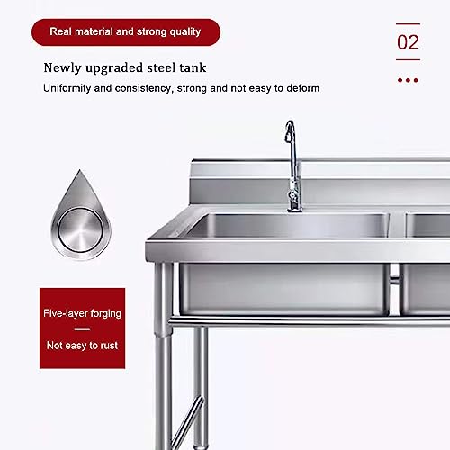 Commercial Stainless Steel Sink with 2 Compartments,Large Double Bowl Sink,Kitchen Sink Industrial Sink,with 2 Faucet,for Garage, Restaurant, Kitchen(47.2 * 23.6 * 31.5in)