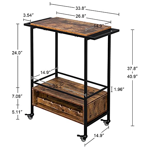 DARDDI Kitchen Island Serving Cart with Stemware Holder and Wine Bottle Racks,Two-Layer Double-Armrest Rolling Storage Cart,360° Omnidirectional Lockable Casters for Home,Dining Room,Office,Restaurant