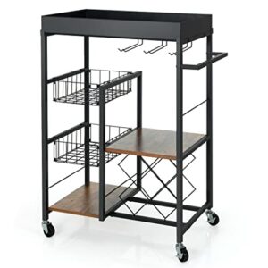 liujun serving cart metal frame rolling 4-tier kitchen bar cart rolling wine rack removable tray basket
