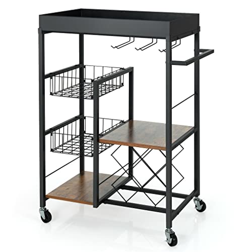 LIUJUN Serving Cart Metal Frame Rolling 4-Tier Kitchen Bar Cart Rolling Wine Rack Removable Tray Basket