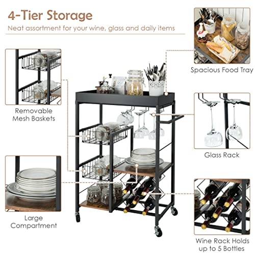 LIUJUN Serving Cart Metal Frame Rolling 4-Tier Kitchen Bar Cart Rolling Wine Rack Removable Tray Basket