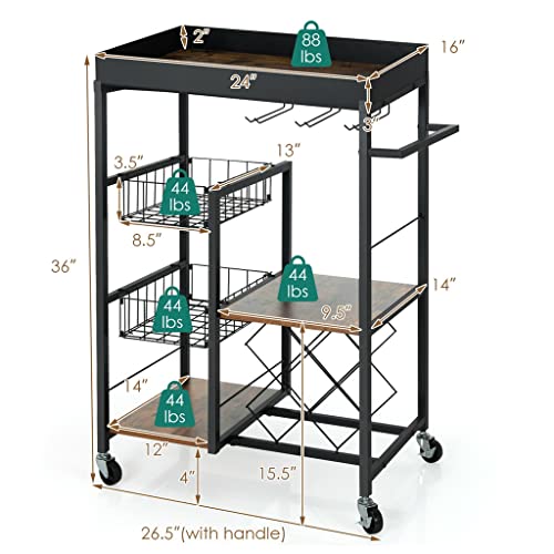 LIUJUN Serving Cart Metal Frame Rolling 4-Tier Kitchen Bar Cart Rolling Wine Rack Removable Tray Basket