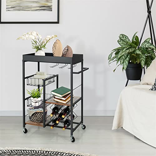 LIUJUN Serving Cart Metal Frame Rolling 4-Tier Kitchen Bar Cart Rolling Wine Rack Removable Tray Basket