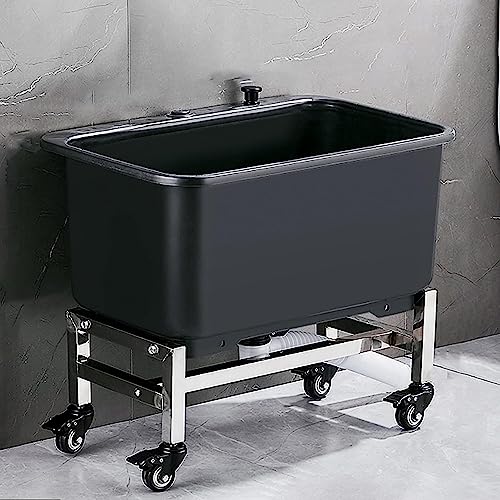 MObyat Portable Mop Sink, FreeStanding Wash Station with Outlet Pipe, Drain Button/4 Swivel Wheel with Brak/Stainless Steel Sturdy Base, for Laundry/Backyard/Garag/Kitchen/Restaurant/Garden/Hospital