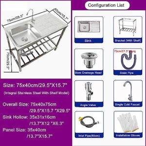 Commercial Stainless Steel Sink Single Bowl Free Standing Utility Sink Restaurant Kitchen Sink W/Faucet Outdoor Sink With Storage Rack And Workbench For Garage Restaurant Outdoor Backyard ( Size : L29