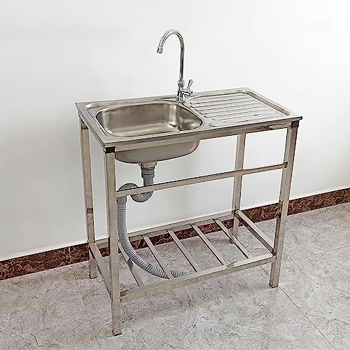 Commercial Stainless Steel Sink Single Bowl Free Standing Utility Sink Restaurant Kitchen Sink W/Faucet Outdoor Sink With Storage Rack And Workbench For Garage Restaurant Outdoor Backyard ( Size : L29