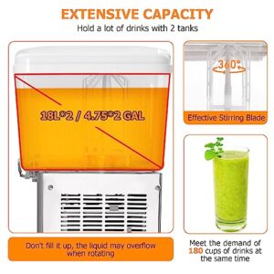 Commercial Beverage Dispenser, 2 Tanks 9.5 Gallon 36L Commercial Juice Dispenser, Stainless Steel Cold Drink Thermostat Controller, 280W Food Grade Ice Tea Drink Dispenser