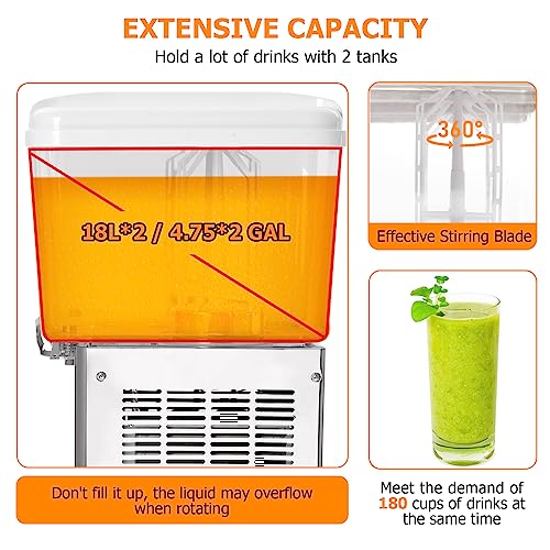 Commercial Beverage Dispenser, 2 Tanks 9.5 Gallon 36L Commercial Juice Dispenser, Stainless Steel Cold Drink Thermostat Controller, 280W Food Grade Ice Tea Drink Dispenser