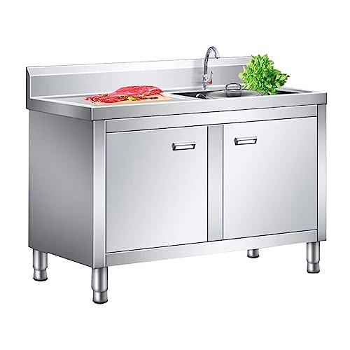 Commercial Restaurant Kitchen Sink Set,With Cabinet Stainless Steel Sink, Sink Cabinet Integrated,Freestanding Indoor Commercial/Industrial Sink,With Faucet(120cm/47.2in Left Platform)