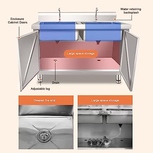 Commercial Restaurant Kitchen Sink Set,With Cabinet Stainless Steel Sink, Sink Cabinet Integrated,Freestanding Indoor Commercial/Industrial Sink,With Faucet(120cm/47.2in Left Platform)