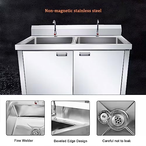 Commercial Restaurant Kitchen Sink Set,With Cabinet Stainless Steel Sink, Sink Cabinet Integrated,Freestanding Indoor Commercial/Industrial Sink,With Faucet(120cm/47.2in Left Platform)