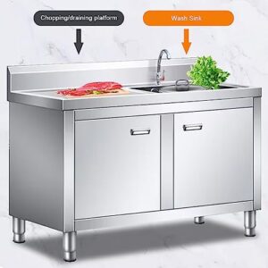 Commercial Restaurant Kitchen Sink Set,With Cabinet Stainless Steel Sink, Sink Cabinet Integrated,Freestanding Indoor Commercial/Industrial Sink,With Faucet(120cm/47.2in Left Platform)