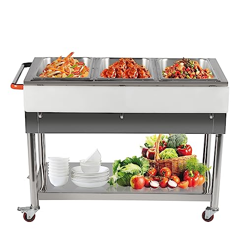 3-Pot Commercial Electric Food Warmer, Team Table Food Warmer 0-100℃ w/ 2 Lockable Wheels, Professional Stainless Steel for Steam Table Food Warmer Catering and Restaurants (3-Pot)