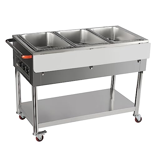 3-Pot Commercial Electric Food Warmer, Team Table Food Warmer 0-100℃ w/ 2 Lockable Wheels, Professional Stainless Steel for Steam Table Food Warmer Catering and Restaurants (3-Pot)