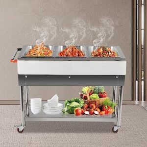 3-Pot Commercial Electric Food Warmer, Team Table Food Warmer 0-100℃ w/ 2 Lockable Wheels, Professional Stainless Steel for Steam Table Food Warmer Catering and Restaurants (3-Pot)