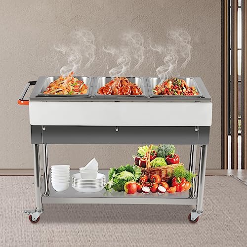 3-Pot Commercial Electric Food Warmer, Team Table Food Warmer 0-100℃ w/ 2 Lockable Wheels, Professional Stainless Steel for Steam Table Food Warmer Catering and Restaurants (3-Pot)