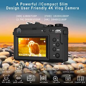 Vlogging Camera, 4K 48MP Digital Camera with WiFi, Free 32G TF Card & Hand Strap, Auto Focus & Anti-Shake, Built-in 7 Color Filters, Face Detect, 3'' IPS Screen, 140°Wide Angle, 18X Digital Zoom AC-04