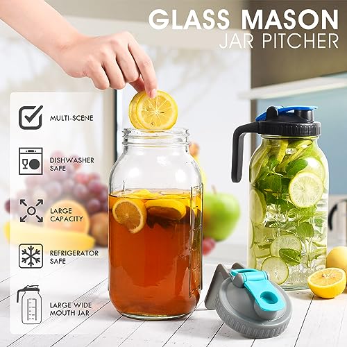 Glass Pitcher with Lid, 2 Quart(64oz) Mason Jar Pitcher with Pour Spout Handle Lid, Large Wide Mouth Jar Leak-Proof Airtight Water Jug for Sun Tea, Juice, Milk, Tea, Lemonade, Coffee, Drinks