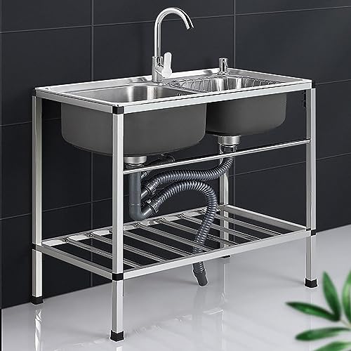 APCHJOJ Freestanding Utility Sink, Utility Sink Double Bowl Stainless Steel Commercial Kitchen Sink with Faucet for Laundry Room Backyard Garage 80 * 43cm doubleslot