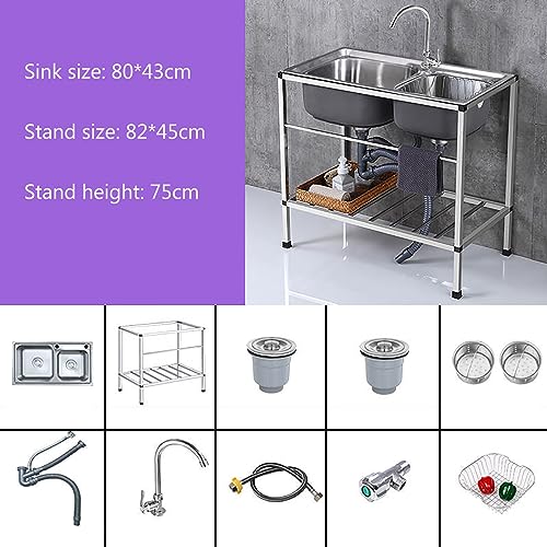 APCHJOJ Freestanding Utility Sink, Utility Sink Double Bowl Stainless Steel Commercial Kitchen Sink with Faucet for Laundry Room Backyard Garage 80 * 43cm doubleslot