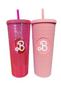 cakeasy 2pcs barbi studded tumbler, bling bling pink barbi cup, 24oz barbi land water bottle with straw, barbe the movie merch, cupholder friendly, women men travel mug for home, office, outdoor
