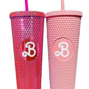 CAKEASY 2Pcs Barbi Studded Tumbler, Bling Bling Pink Barbi Cup, 24oz Barbi Land Water Bottle With Straw, Barbe The Movie Merch, Cupholder Friendly, Women Men Travel Mug for Home, Office, Outdoor