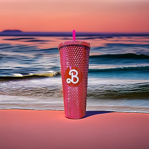 CAKEASY 2Pcs Barbi Studded Tumbler, Bling Bling Pink Barbi Cup, 24oz Barbi Land Water Bottle With Straw, Barbe The Movie Merch, Cupholder Friendly, Women Men Travel Mug for Home, Office, Outdoor