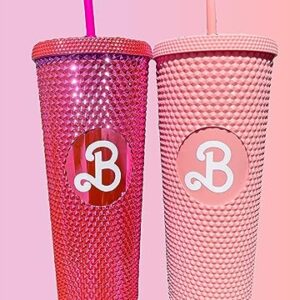 CAKEASY 2Pcs Barbi Studded Tumbler, Bling Bling Pink Barbi Cup, 24oz Barbi Land Water Bottle With Straw, Barbe The Movie Merch, Cupholder Friendly, Women Men Travel Mug for Home, Office, Outdoor