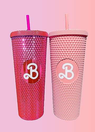 CAKEASY 2Pcs Barbi Studded Tumbler, Bling Bling Pink Barbi Cup, 24oz Barbi Land Water Bottle With Straw, Barbe The Movie Merch, Cupholder Friendly, Women Men Travel Mug for Home, Office, Outdoor