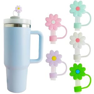 5 pcs silicone straw covers cap compatible with stanley 30&40 oz cup, 10mm cute flower straw toppers for tumblers, dust-proof drinking straw caps for reusable straws tips lids