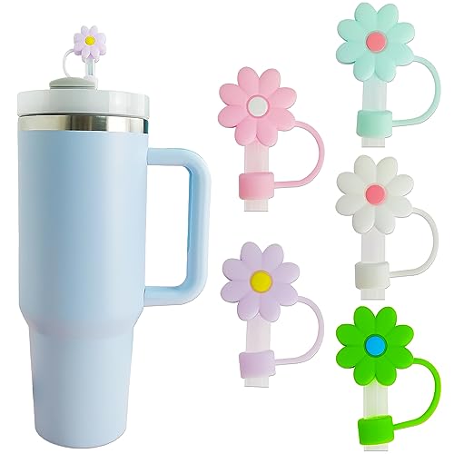 5 PCS Silicone Straw Covers Cap Compatible with Stanley 30&40 Oz Cup, 10mm Cute Flower Straw Toppers for Tumblers, Dust-Proof Drinking Straw Caps for Reusable Straws Tips Lids