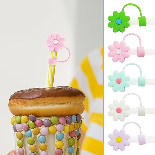 5 PCS Silicone Straw Covers Cap Compatible with Stanley 30&40 Oz Cup, 10mm Cute Flower Straw Toppers for Tumblers, Dust-Proof Drinking Straw Caps for Reusable Straws Tips Lids