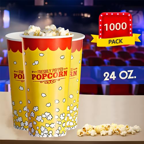 1000 Pack, 24 oz. Popcorn Cups, Popcorn Tubs, Popcorn Containers, Commercial Popcorn Buckets, Disposable Popcorn Buckets, Perfect for Movie Night, Cinema, Carnival, Party
