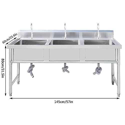 Free Standing Stainless-Steel Three Bowl Kitchen Sink,3 Compartment Restaurant Kitchen Prep & Utility Sink,Free Standing Utility Sink For Garage,Restaurant,Kitchen,Laundry Room(145cm/57in)