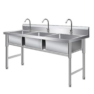 3 compartment restaurant kitchen prep & utility sink,free standing stainless-steel three bowl kitchen sink,free standing utility sink for garage,restaurant,kitchen,laundry room(thick0.8mm)