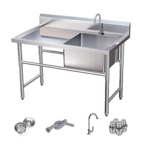 large single bowl outdoor sink freestanding stainless steel sink, stainless steel utility sinks,1 compartment commercial kitchen sink,w/workbench (39.4 * 19.7 * 31.5in,left platform)